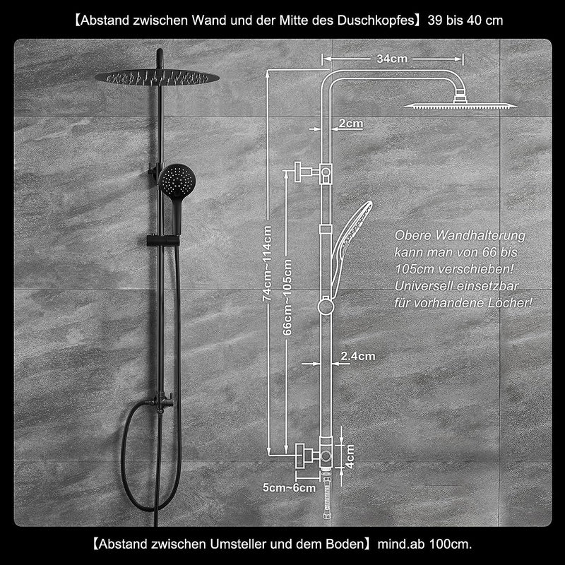 JOHO Regendusche Duschset ohne Armatur, Edelstahl Duschsystem mit Duschstange, Kopfbrause D20cm Schw