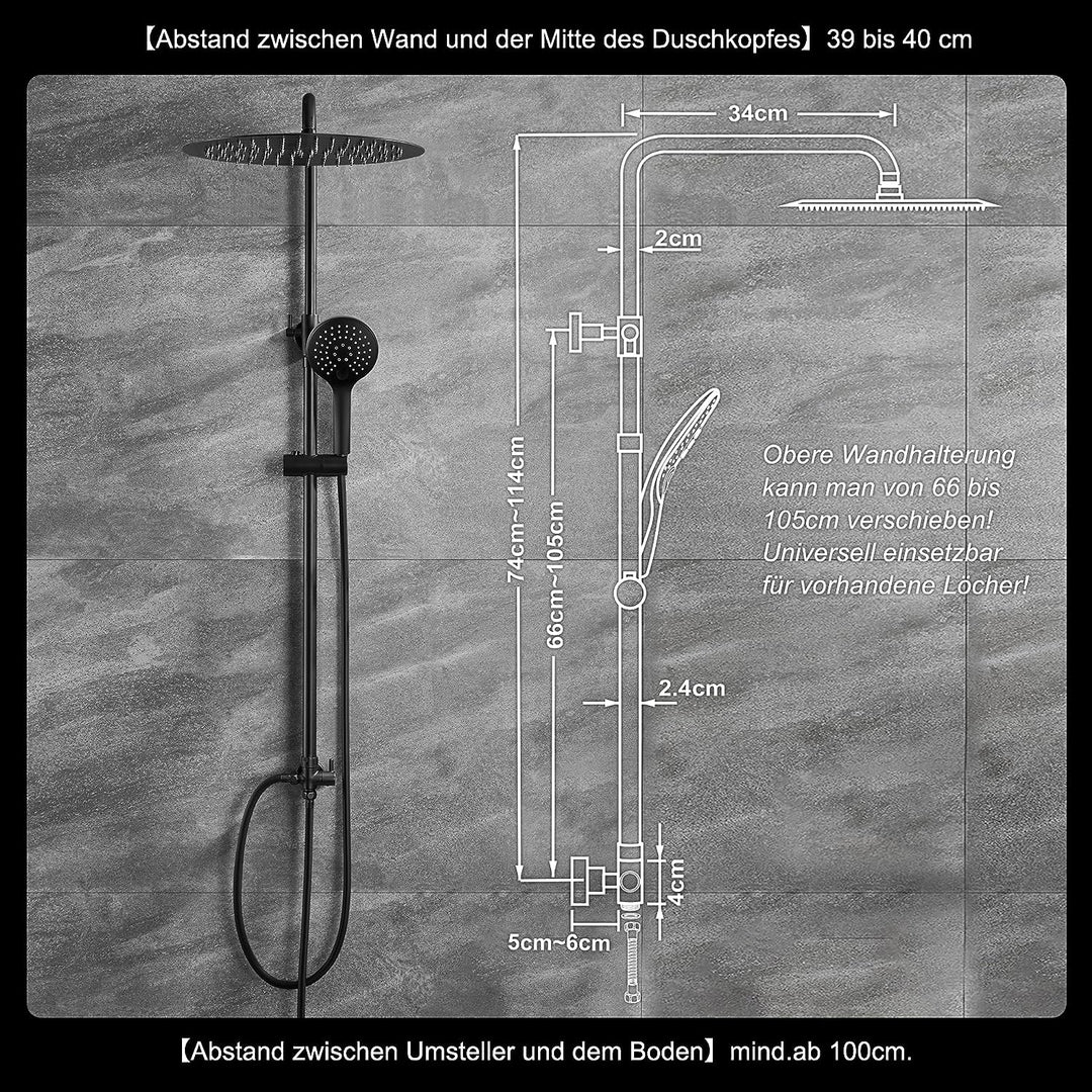 JOHO Regendusche Duschset ohne Armatur, Edelstahl Duschsystem mit Duschstange, Kopfbrause D20cm Schw