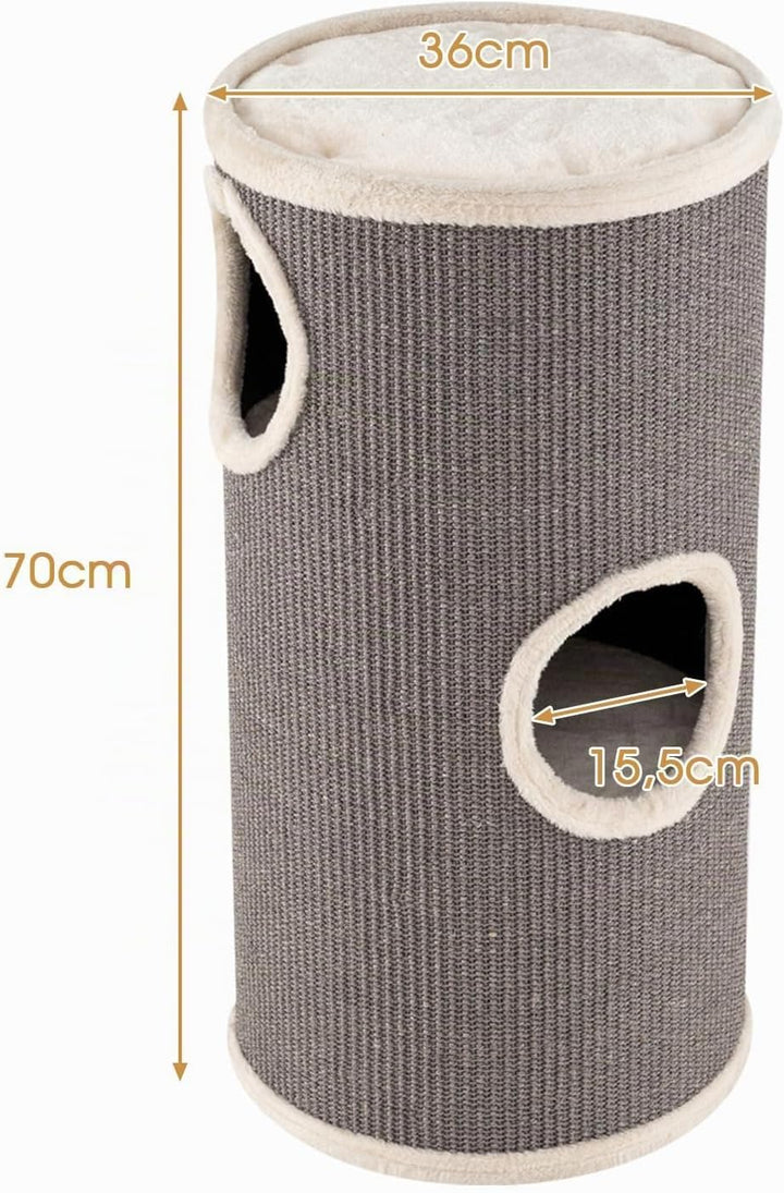 GOPLUS Kratztonne 3 Ebenen, 70 cm Katzentonne mit 3 Höhlen, Plüschbett, Liegefläche &amp; Sisal-Kratzbre