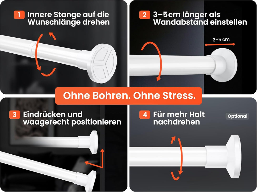 Gardinenstange ohne Bohren - Weiss, Ø 25 mm - Teleskopstange Vorhang - Duschstange zum Klemmen - Kle