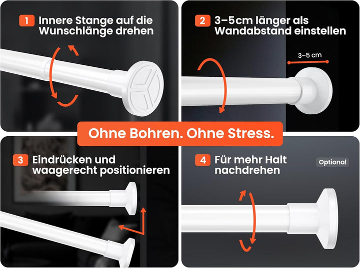 Gardinenstange zum Klemmen 90-160cm, Weiss, Ø 25 mm, Duschstange ohne Bohren - Teleskopstange - Vorh