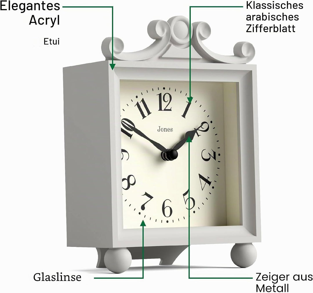 JONES CLOCKS® Parlour Kaminsims Uhr | Klassische Kutschenuhr | Hellgrau | Elegantes quadratisches de