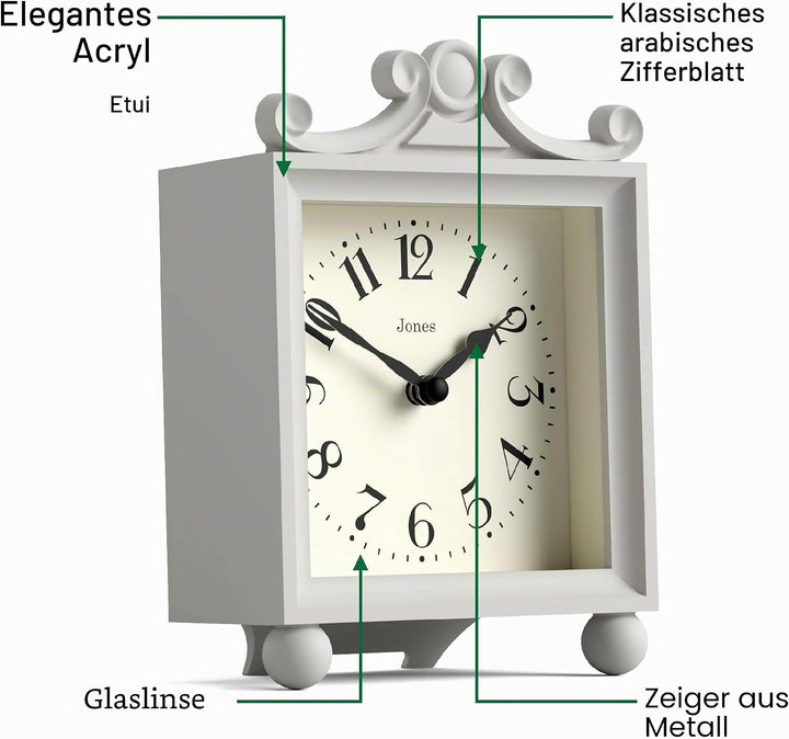JONES CLOCKS® Parlour Kaminsims Uhr | Klassische Kutschenuhr | Hellgrau | Elegantes quadratisches de