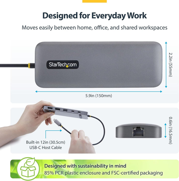 StarTech 9-in-1 USB-C Dock, Dual 4K DisplayPort, 100W, 10Gbit/s, GbE, SD
