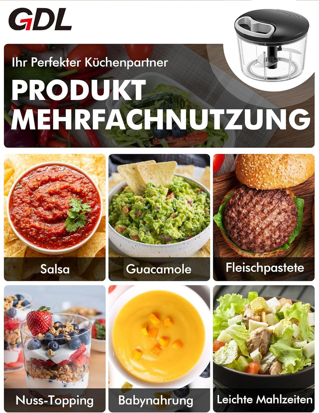 GDL Zwiebelschneider, 800ML Zwiebel Zerkleinerer mit Edelstahlklingen, Multizerkleinerer Gemüseschne