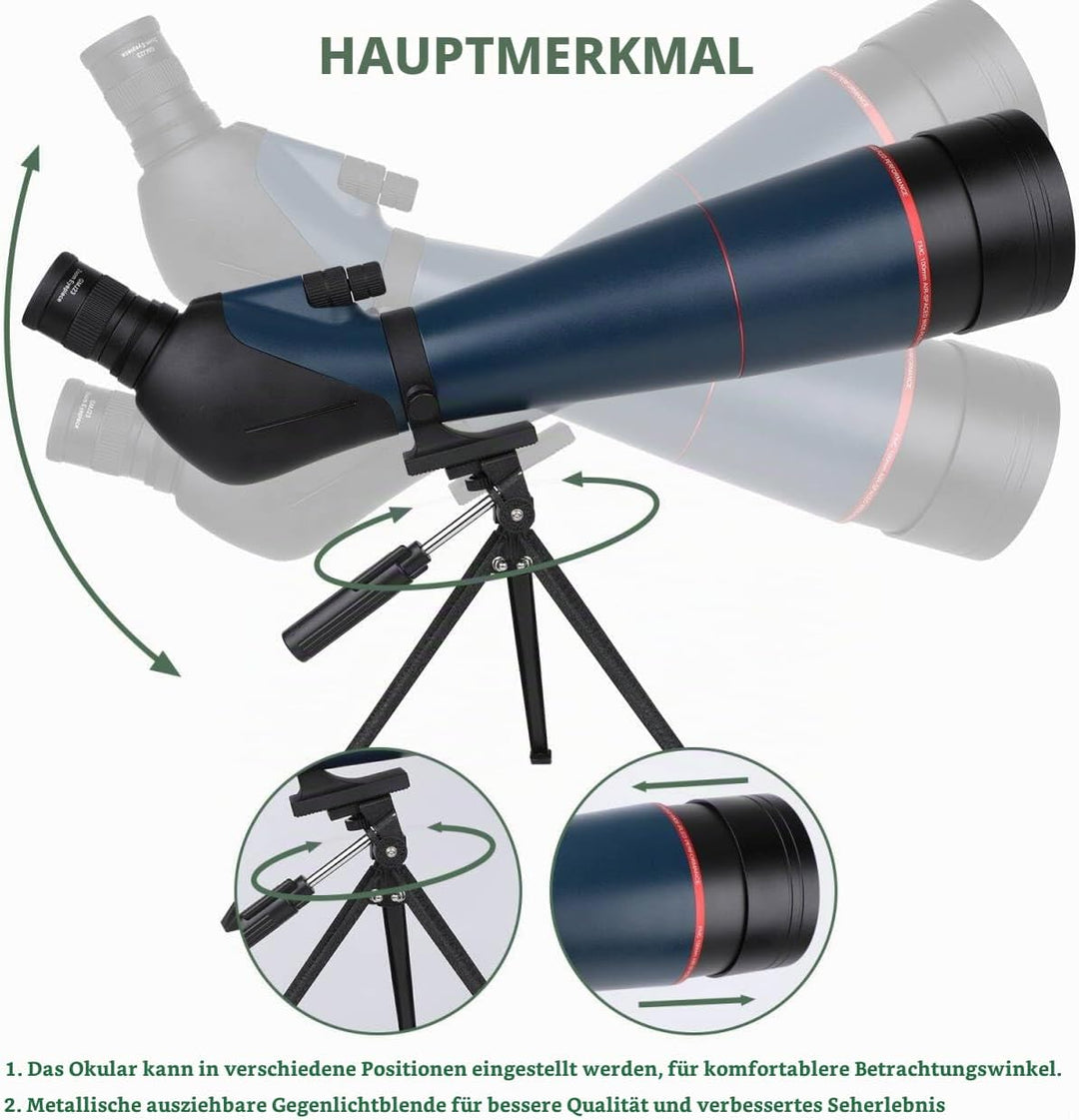 25-75x100 HD Spektiv Sportschützen mit Stativ- und Smartphone-Adapter, Zoom Bak4 Prism FMC Lens 45-G