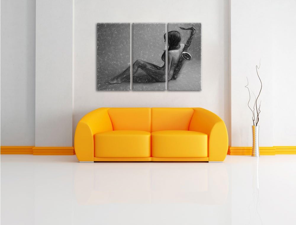 Pixxprint Attraktive Frau mit Saxophone / 3-Teilig/Gesamtmass 120cm Leinwandbild bespannt auf Holzra