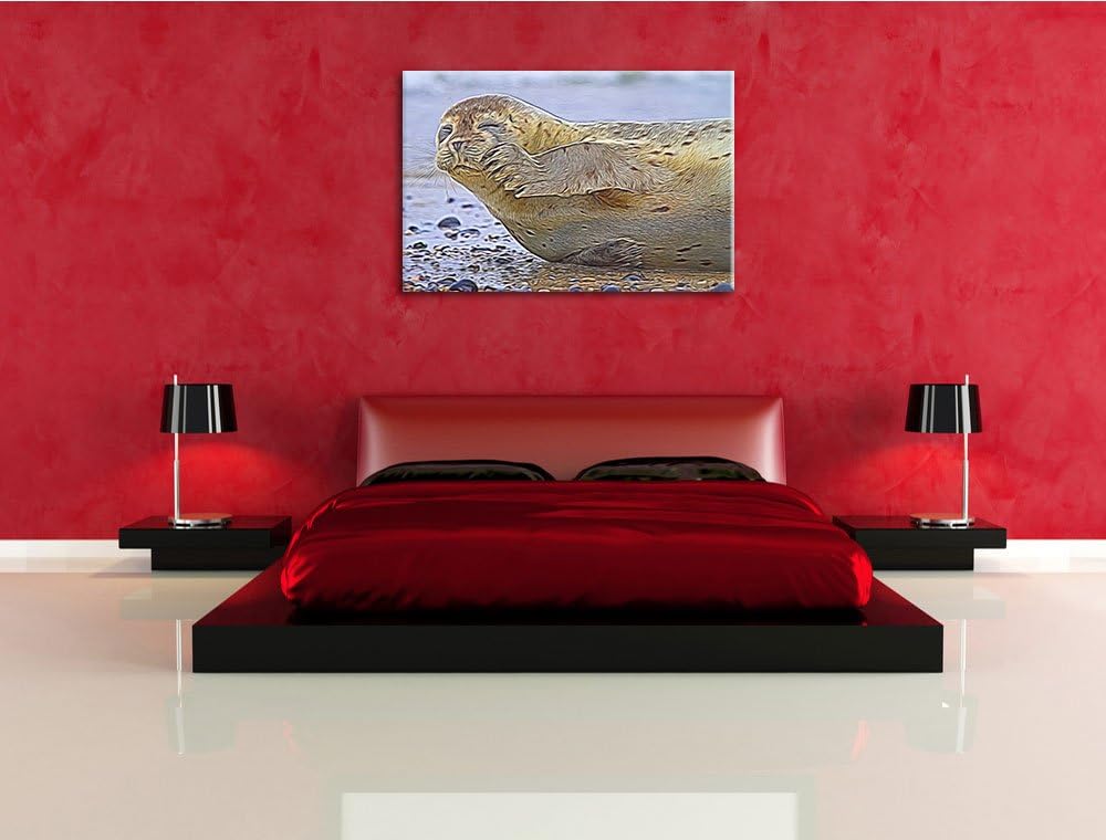 süsse Robbe beim Putzen Spezial Format: 100x70 cm auf Leinwand, XXL riesige Bilder fertig gerahmt mi