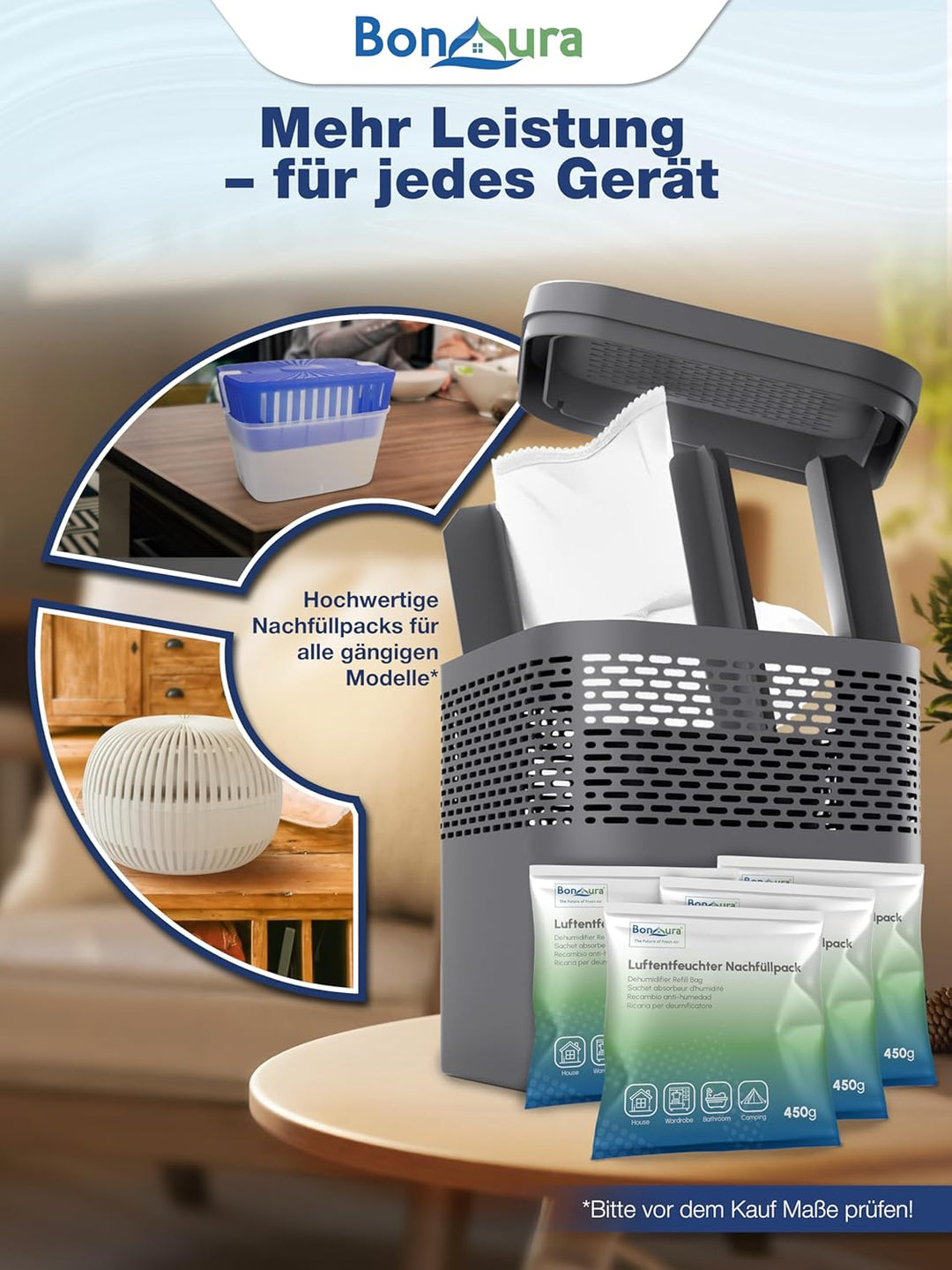 BonAura® Luftentfeuchter Nachfüllpack 4x 450g - Sparset Luftentfeuchter Granulat - 4er Set Entfeucht