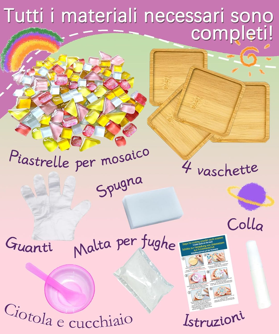 Finsink Mosaik bastelset kinder 4pcs mosaik untersetzer bastelset diy holz untersetzer Set Mosaikste