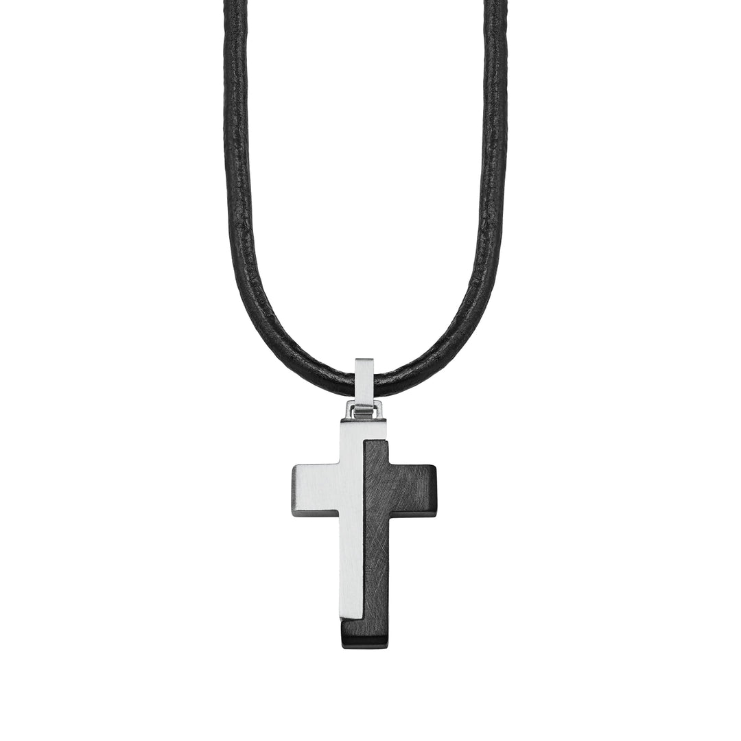 s.Oliver Kette mit Anhänger Edelstahl Leder Jungen Kinder Halsschmuck, 40+3 cm, Schwarz, Kreuz, Komm