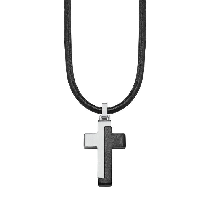 s.Oliver Kette mit Anhänger Edelstahl Leder Jungen Kinder Halsschmuck, 40+3 cm, Schwarz, Kreuz, Komm