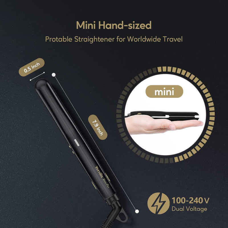 Terviiix Tragbarer Reise-Mini-Haarglätter für kurzes Haar, 1/2 Zoll kleiner Haarglätter, mit Tasche