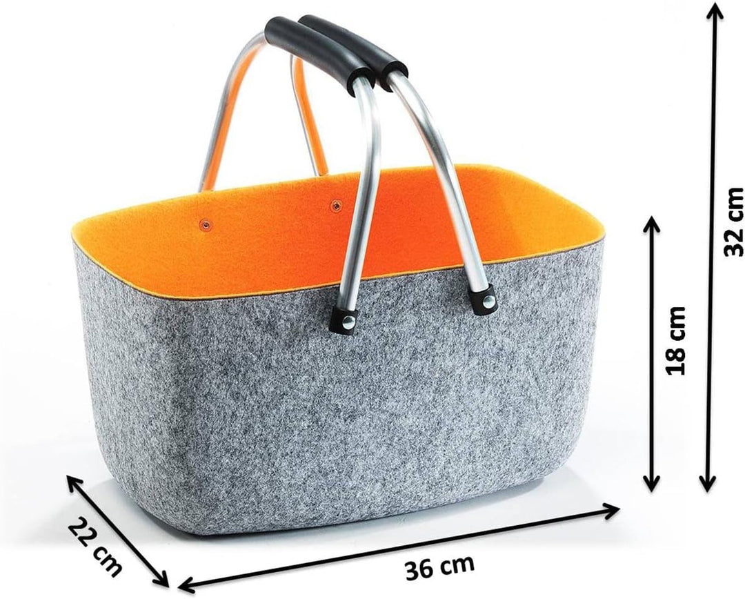 Kobolo Filzkorb Einkaufskorb Korb - Klappbügel - Filz - grau orange - 36x22x18 cm