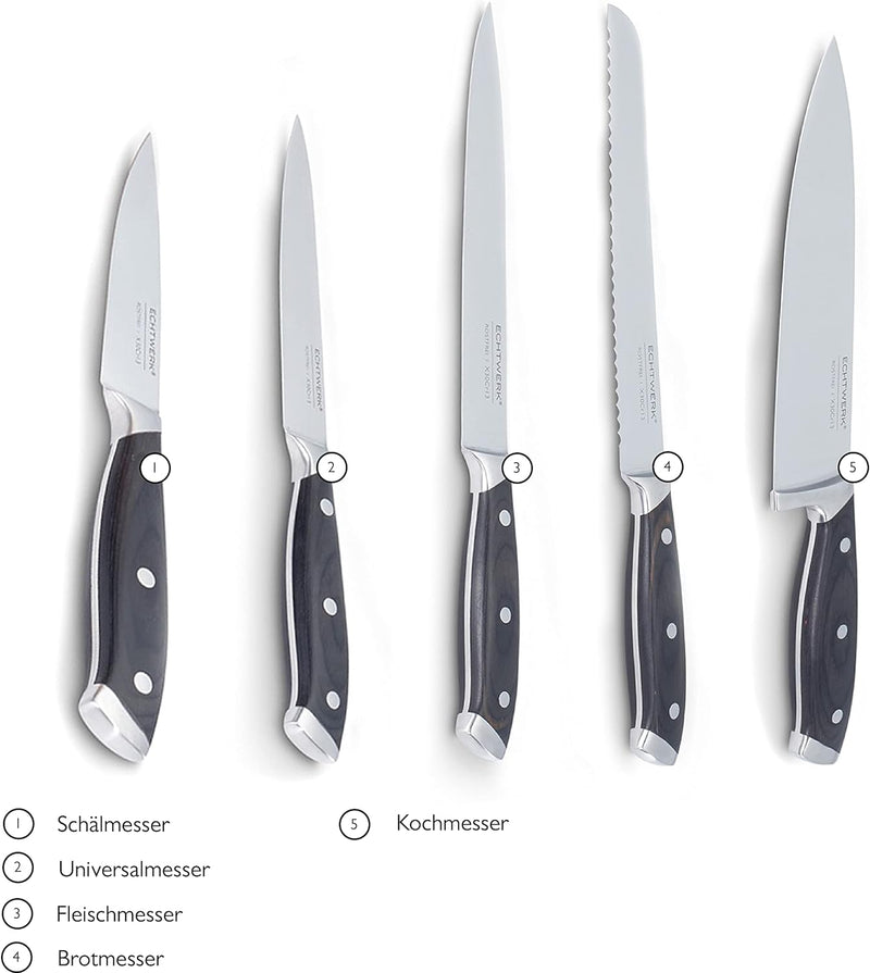 ECHTWERK Messerblock/ Küchenmesser-Set aus Akazienholz mit rutschhemmenden Gummifüssen, Inkl. Integr