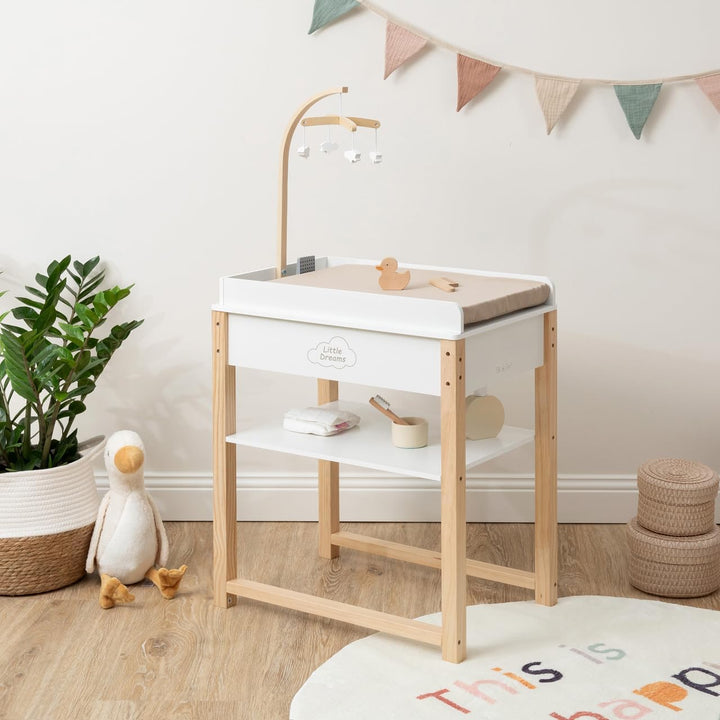 ELLA & PIET® Puppenwickeltisch Splashy mit Badewanne und Mobile aus Holz (Weiss-Schlamm) Puppenwanne