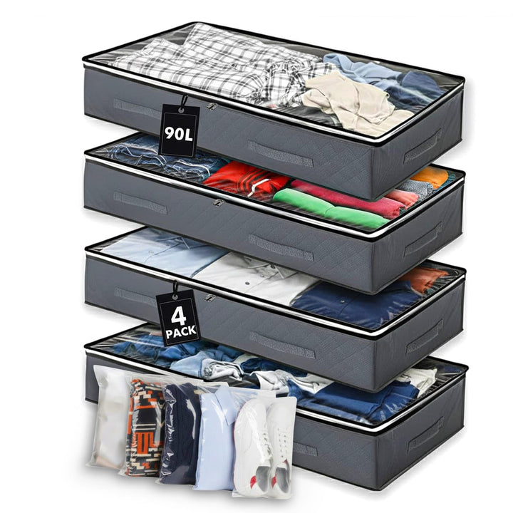 Unterbett Aufbewahrungsbox 90L (4er Set) mit ZUSÄTZLICHEN Schuhbeuteln – Faltbare Unterbett Aufbewah