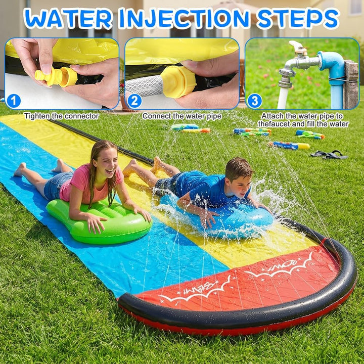 Double Wasserrutsches mit 2 Bodyboards, 19.6ft/600cm Wasserrutsche Garten für Kinder, Wasserrutsche