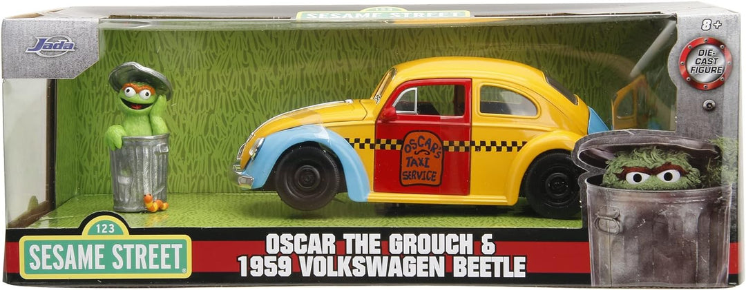 Jada Toys VW Käfer 1959 mit Figur Oscar aus der Sesamstrasse - bunter Volkswagen Beetle (16,5 cm) au