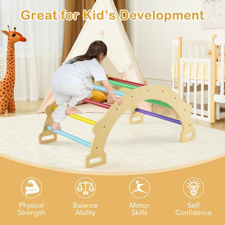 HOMASIS Kletterbogen mit Kissen, Holz Klettergerüst Indoor, Montessori Holzwippe Bogenwippe zum Wipp