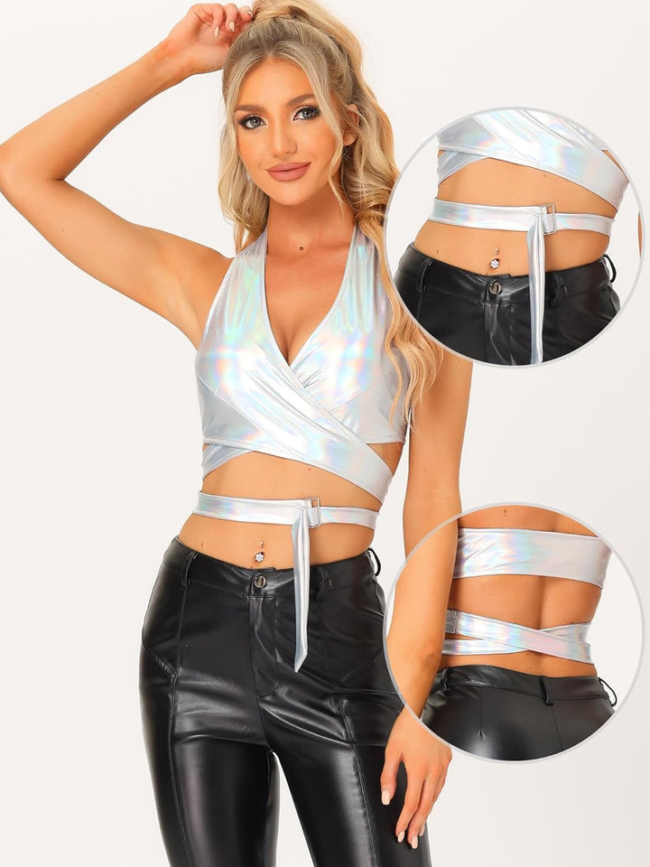 Allegra K Damen Crop Top V-Ausschnitt Metallic Neckholder Rückenfrei Holographic Oberteile XL Mehrfa