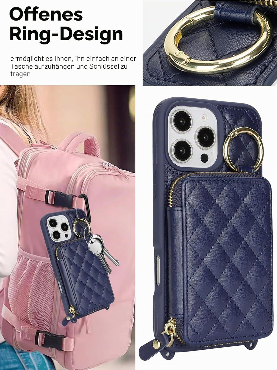 ELTEKER Handyhülle für iPhone 16 Pro Max Hülle mit Band Verstellbarem Schultergurt, Reissverschluss
