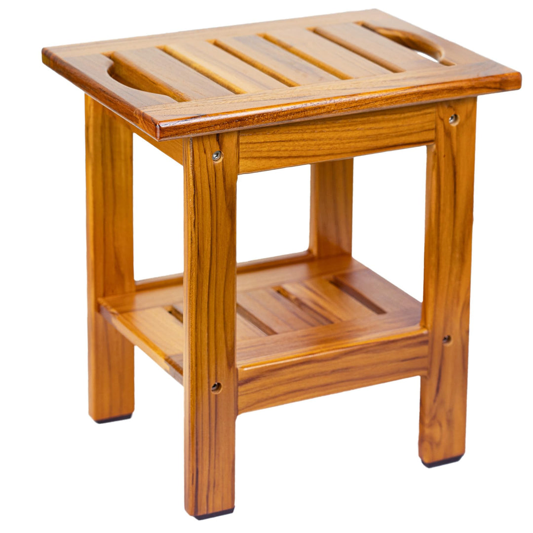 Utoplike Teak-Duschbank, kompakter Duschhocker mit Ablage und Griff, Kleiner zweistufiger Holzsitz m
