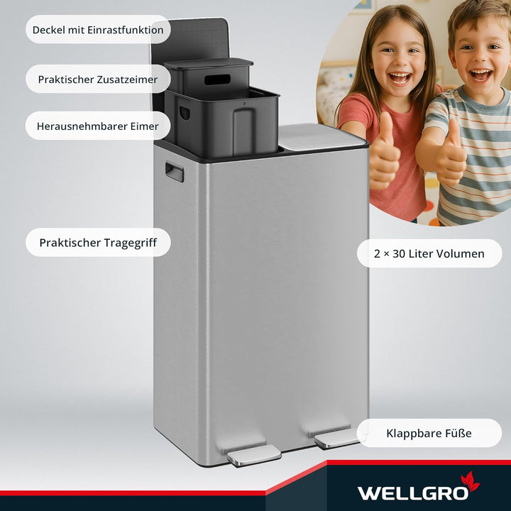 WELLGRO Treteimer, Mülleimer, Edelstahl Tretmülleimer mit 2 x 30 Liter, klappbaren Fusspedalen, Abse