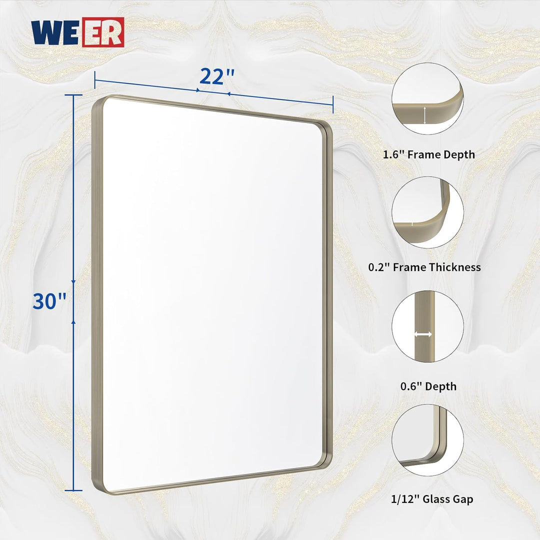 WEER Badezimmerspiegel, gebürstetes Nickel, gebürstetes Silber, Metallrahmen, Abgerundeter rechtecki