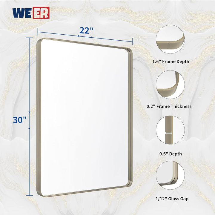 WEER Badezimmerspiegel, gebürstetes Nickel, gebürstetes Silber, Metallrahmen, Abgerundeter rechtecki