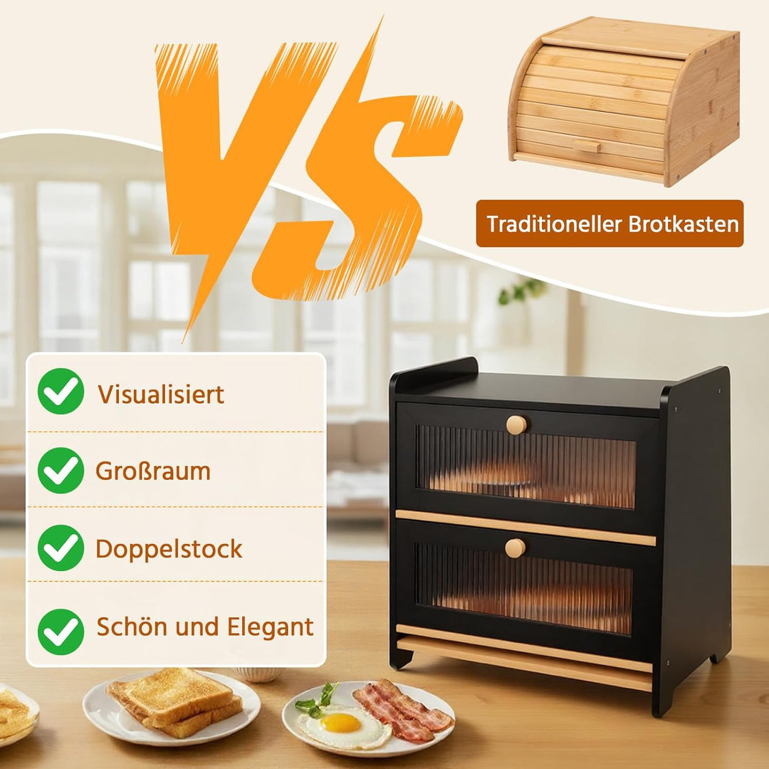 HAUSPROFI Brotkasten Bambus 2 Etagen, Brotkästen Holz mit Schneidebrett Belüftung Gewelltes Sichtbar