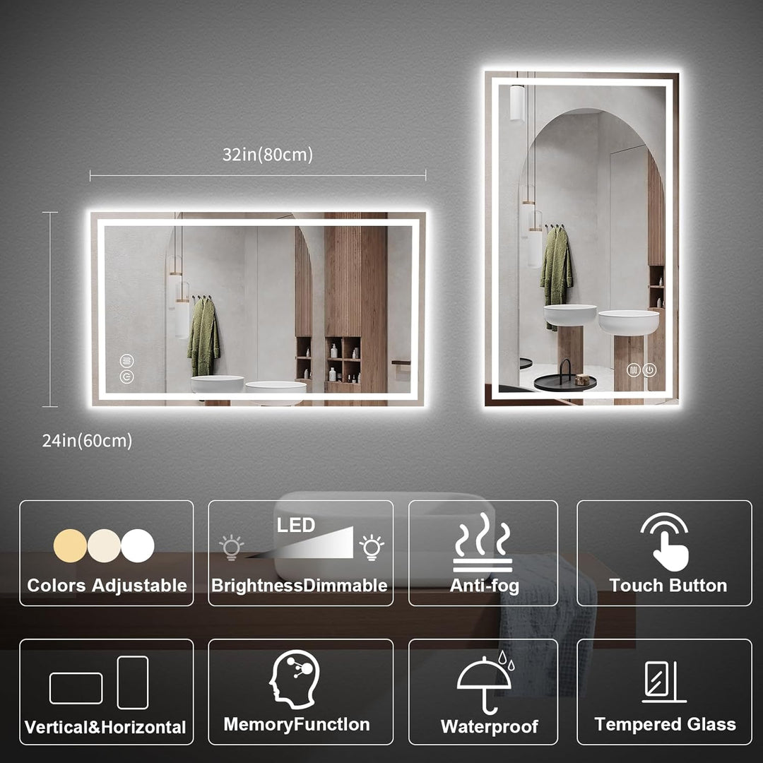 Badezimmerspiegel Wandspiegel LED Badspiegel mit Beleuchtung 80x60cm mit Touch-Schalter Beschlagfrei