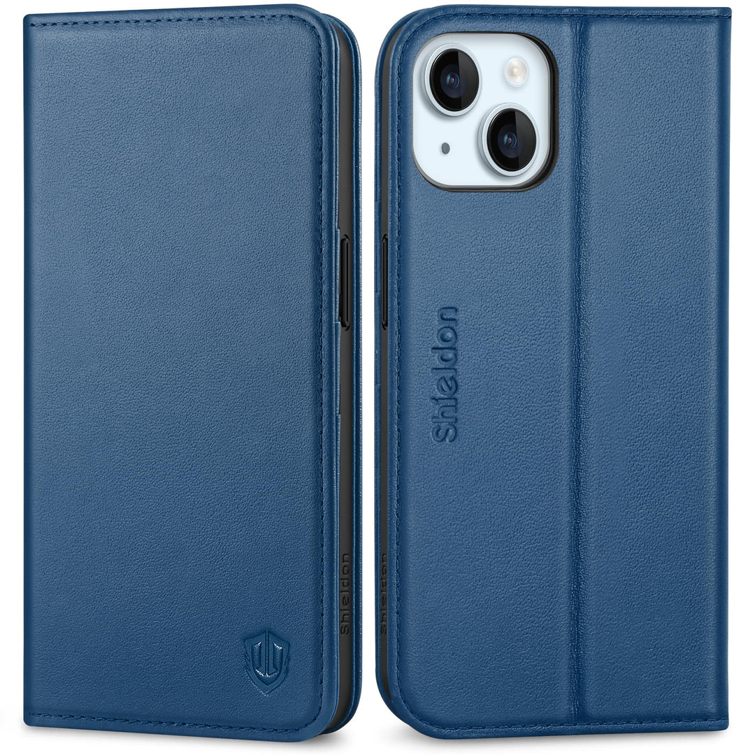 SHIELDON Hülle für iPhone 15, Schutzhülle [Rindsleder] [Stossfest] [Standfunktion] [Kartenfach] TPU