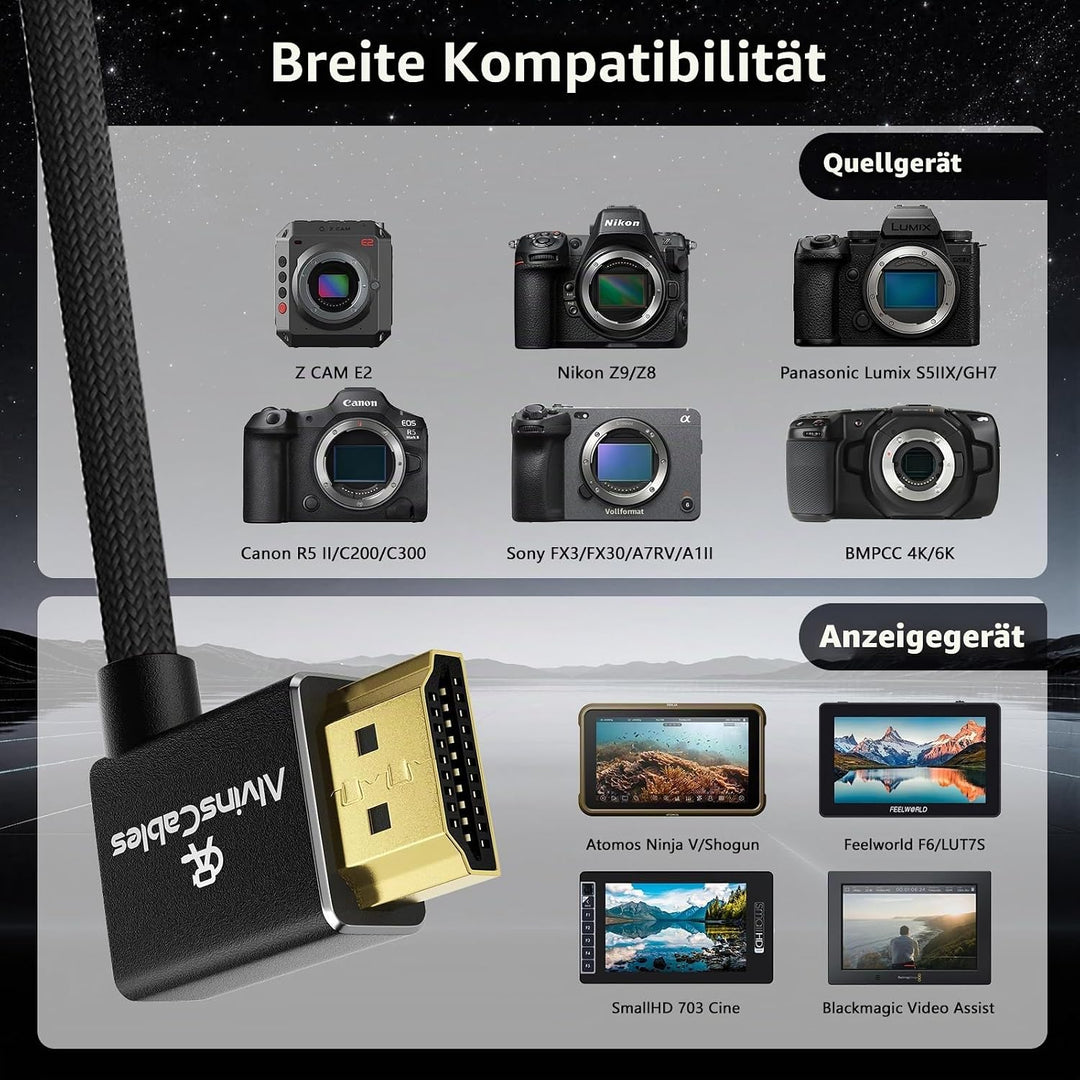 Alvin's Cables 8K 2.1 HDMI-Kabel, Hochgeschwindigkeitskabel, gewickelt, geflochten, für Atomos Ninja