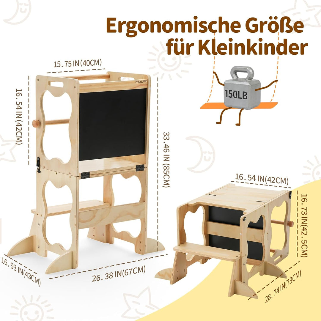 COSYLAND Montessori Lernturm Kinder ab 1 Jahr, klappbarer Lernturm 3 in 1 mit Tafel, Learning Tower