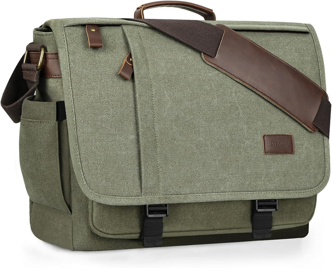 ESTARER Laptoptasche 17 Zoll Umhängetasche Canvas für Arbeit Uni, Armeegrün Grün 17.3 Zoll (Schnalle