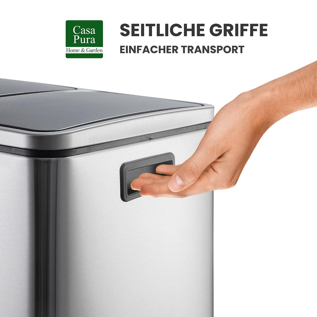casa pura Mülleimer Küche 2×15L Edelstahl | 2-Fach Mülltrennsystem, Treteimer Küche, Metall, Soft-Cl