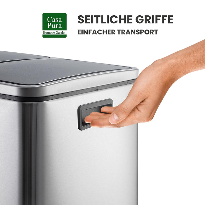 casa pura Mülleimer Küche 2×15L Edelstahl | 2-Fach Mülltrennsystem, Treteimer Küche, Metall, Soft-Cl