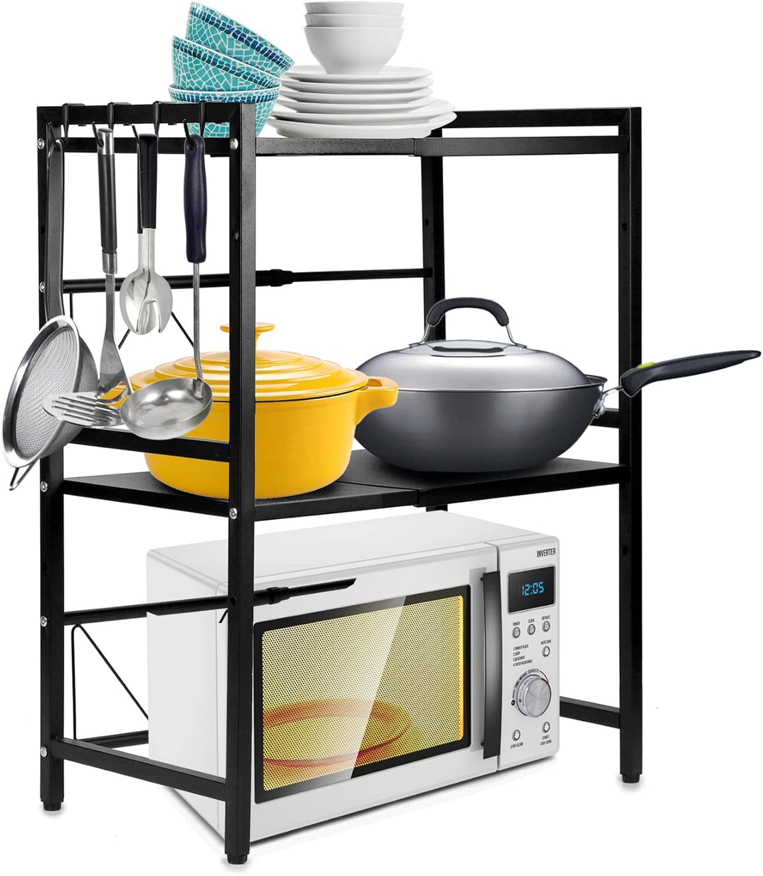 QWORK 2 Stufiges Mikrowellen Regal Ausziehbar, mikrowellen Regal, Mikrowellenständer, mit 4 Haken, S