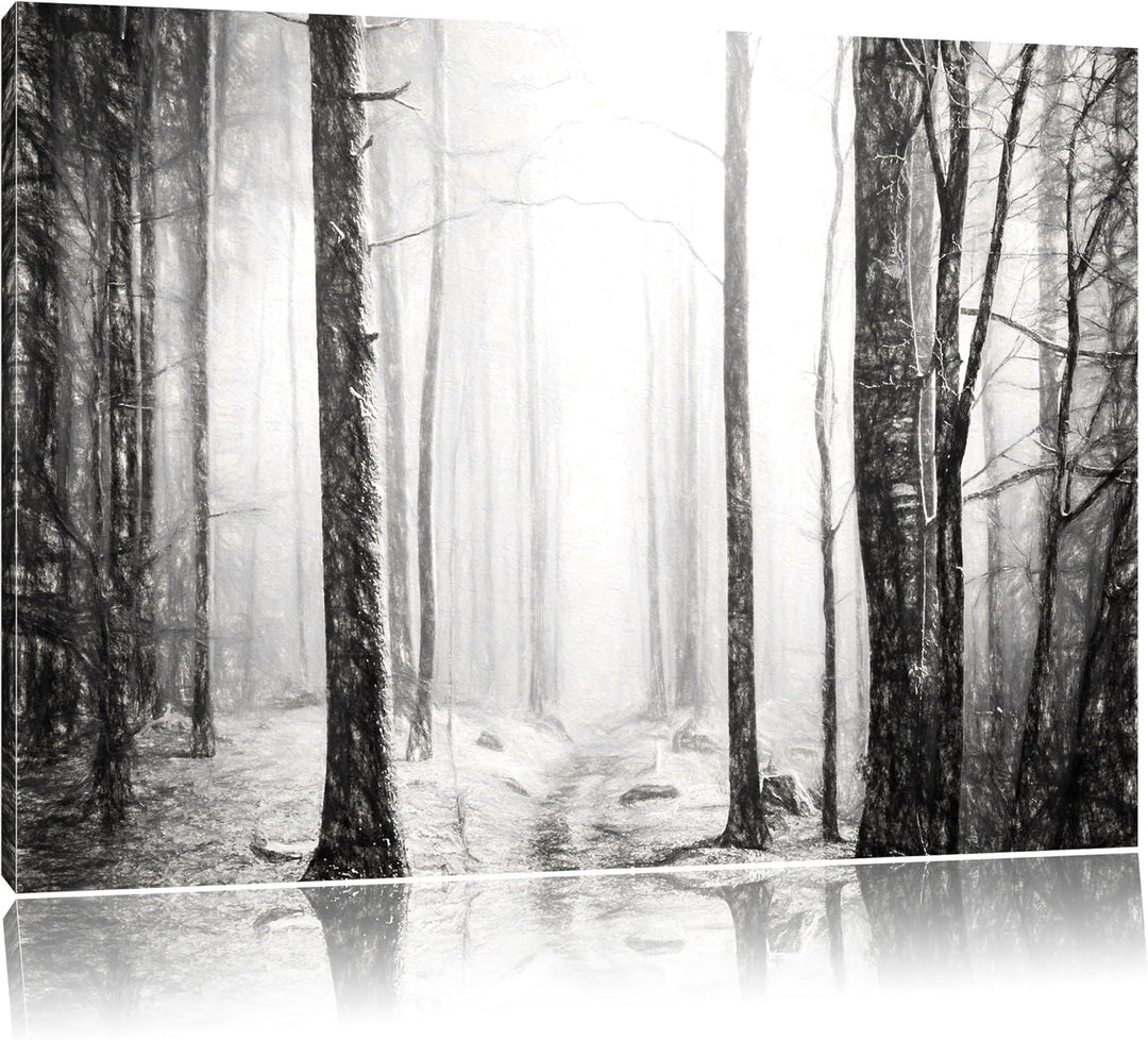 Pixxprint Mystischer Wald Kohle Zeichnung Effekt, Format: 100x70 auf Leinwand, 100x70