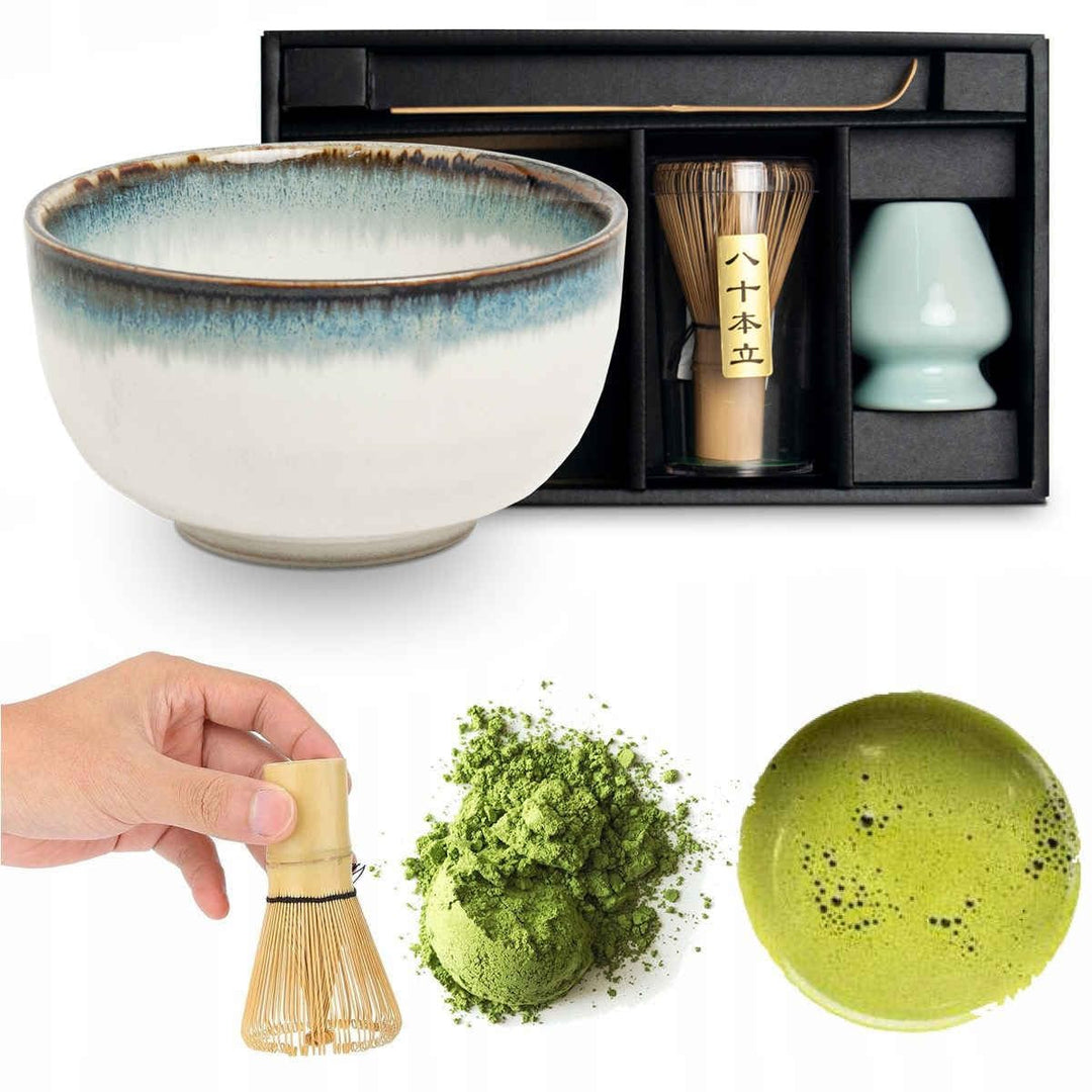 Matcha Set 4 tlg. Original japanische Schale mit Besen &amp; Löffel Edo Japan Geschenkverpackung mit Mat