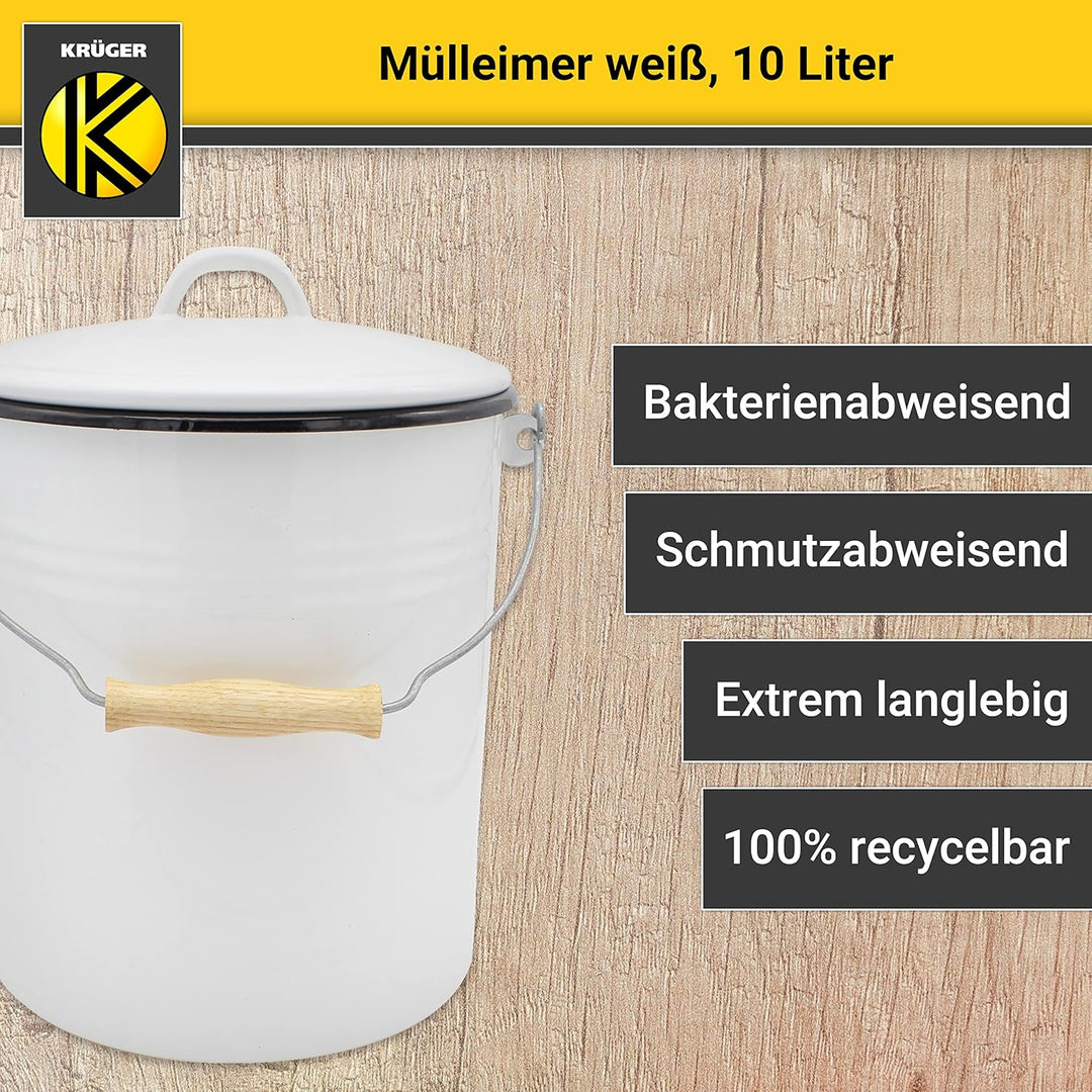 KRÜGER Mülleimer mit Deckel - Stahl Abfalleimer mit Emaille-Beschichtung und Holzgriff - schnitt- un