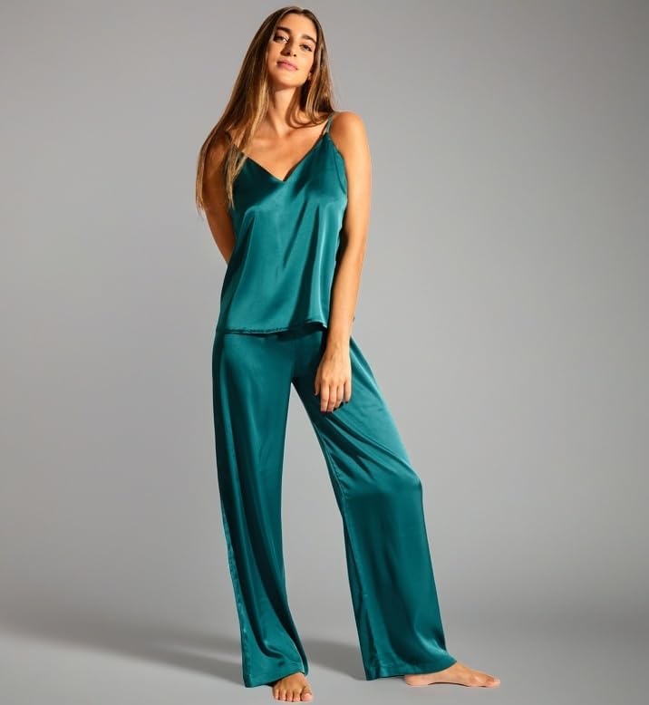 Laura in - Damen-Kleidungsset Satin-Seidenpyjama für Damen 2-teilig einfarbig Satin-Schlafanzug Top-