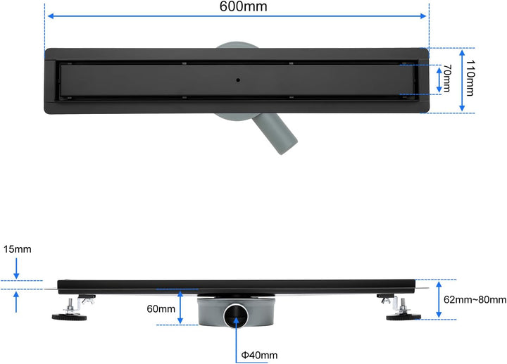 Duschrinne Befliesbar 60cm Schwarz Matt, 360°Siphon mit Geruchsstop und Haarsieb, 304 Edelstahl Abla