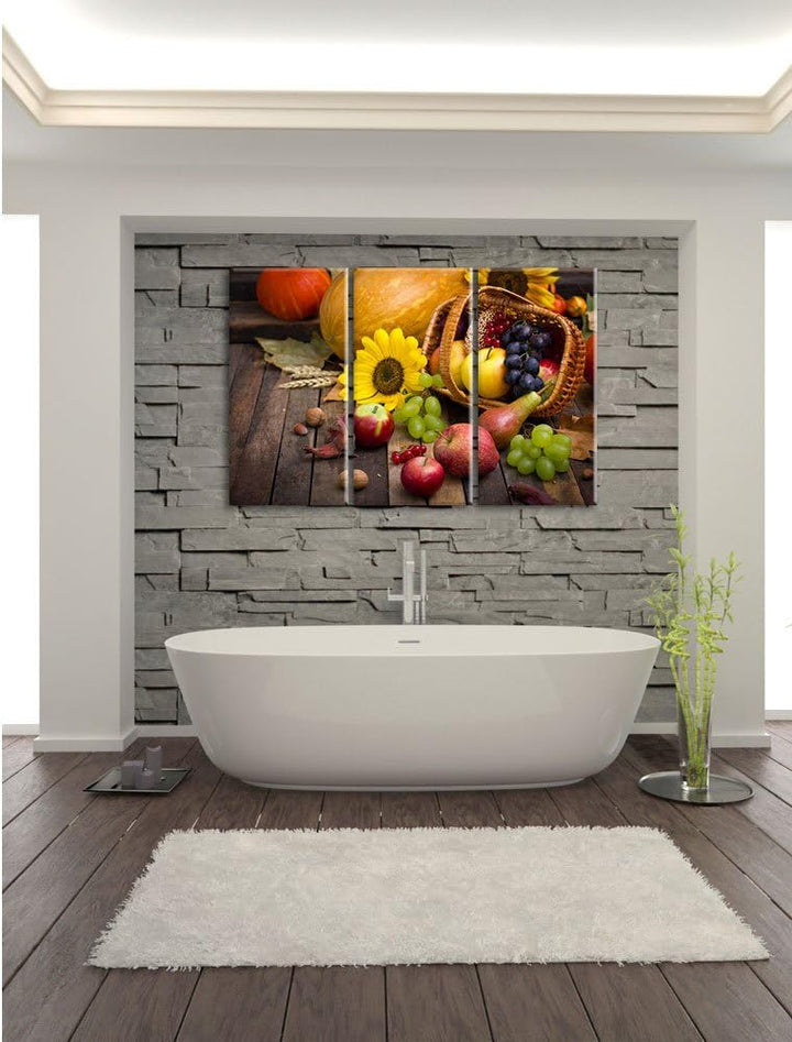 Pixxprint Herbstlicher Obstkorb als Leinwandbild | Grösse: 3 Teilig (120x80) | Wandbild| Kunstdruck