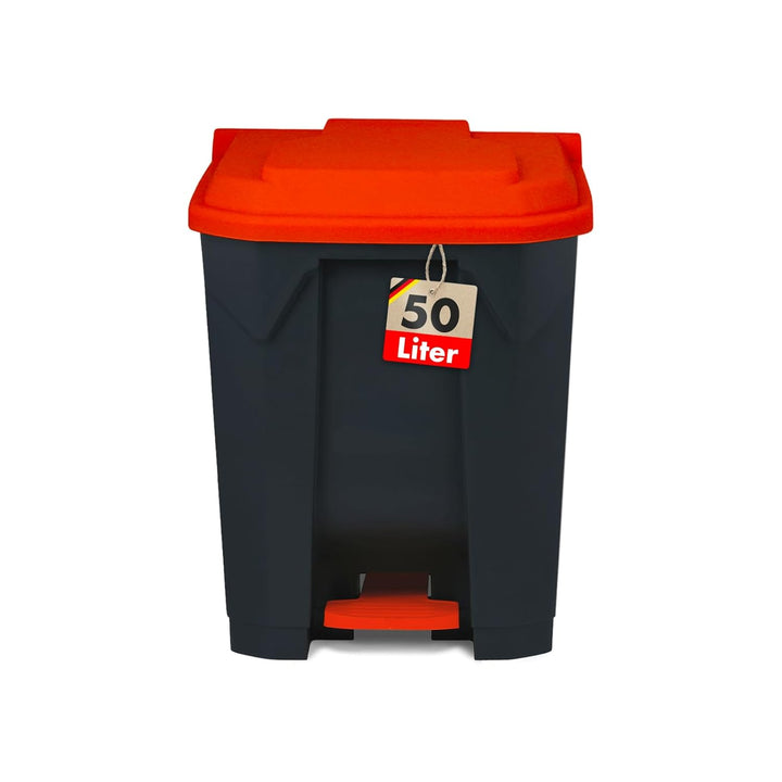 Floordirekt Mülleimer 50 Liter, roter Deckel, Abfalleimer für Küche und Büro, Mülltrennsystem, Tretm