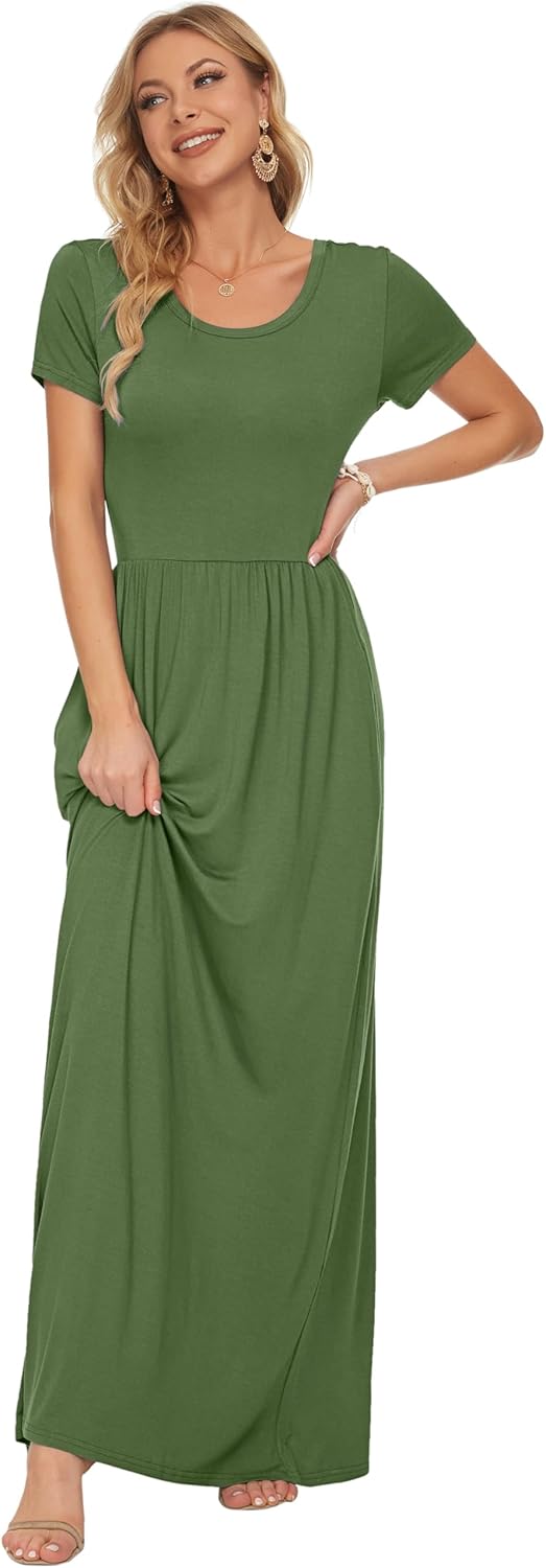 AUSELILY Damen Kurzarm Loose Casual Long Maxi Kleider mit Taschen Armeegrün L, Armeegrün L