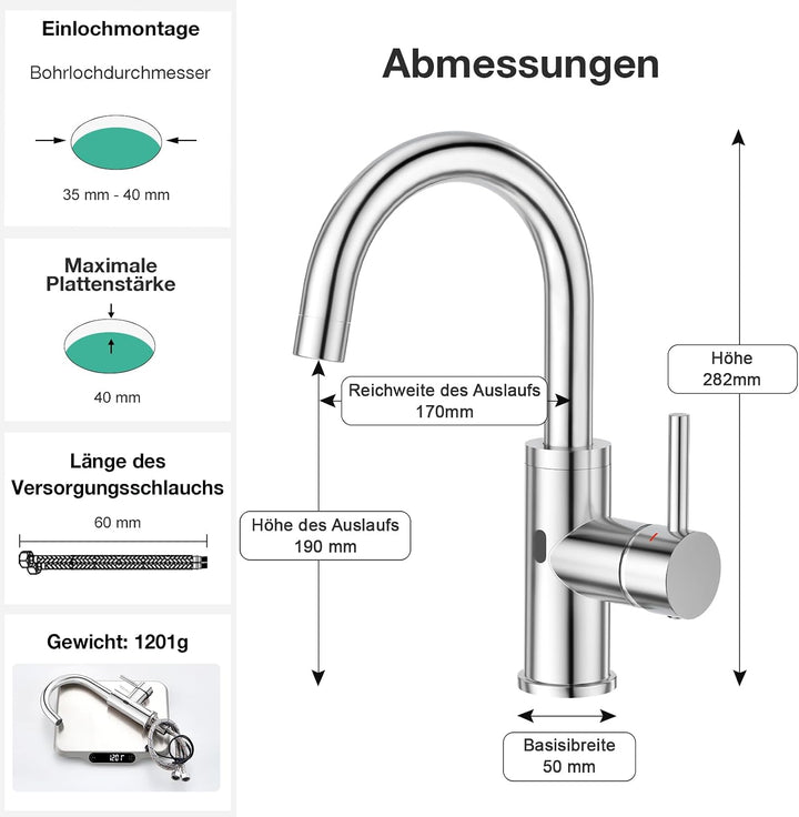 CREA Infrarot Wasserhahn 360° drehbar mit Automatischer Sensor Berührungslose, Einhebelmischer Armat