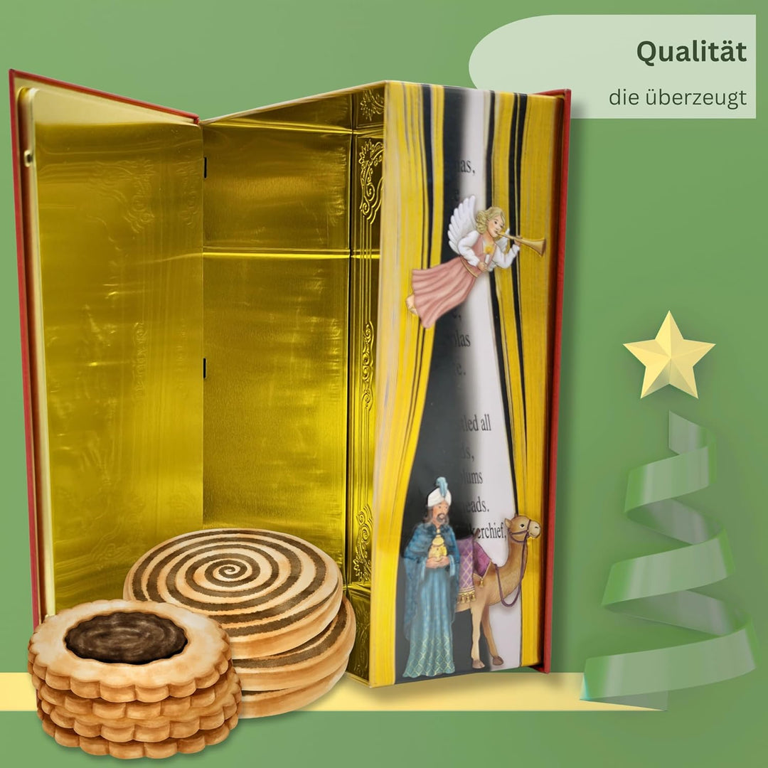 Grosse Buchdose Weihnachtsstern - Aufbewahrungsdose, Keksdose, Blechdose - aufwändig geprägt und bed