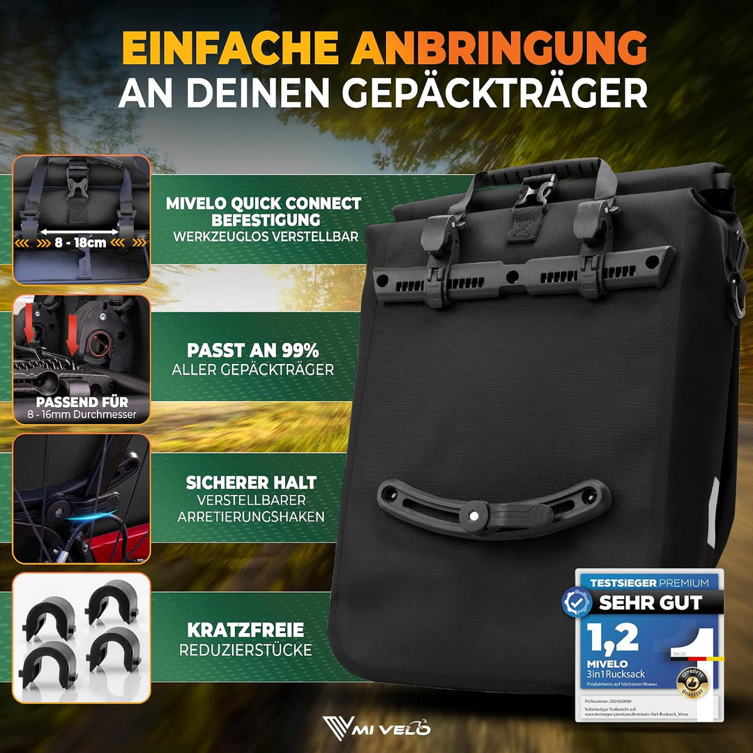 MIVELO 3in1 Fahrradtasche für Gepäckträger I Rucksack &amp; Gepäckträgertasche hinten - in 15 Sekunden u